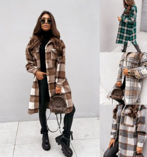 Winter Long-Sleeved Plaid Light Brown Color Windbreaker Check Jacket